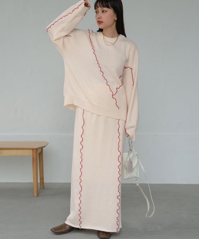 日本 Bab - 不規則狀色滾邊修身長裙-灰x深藍