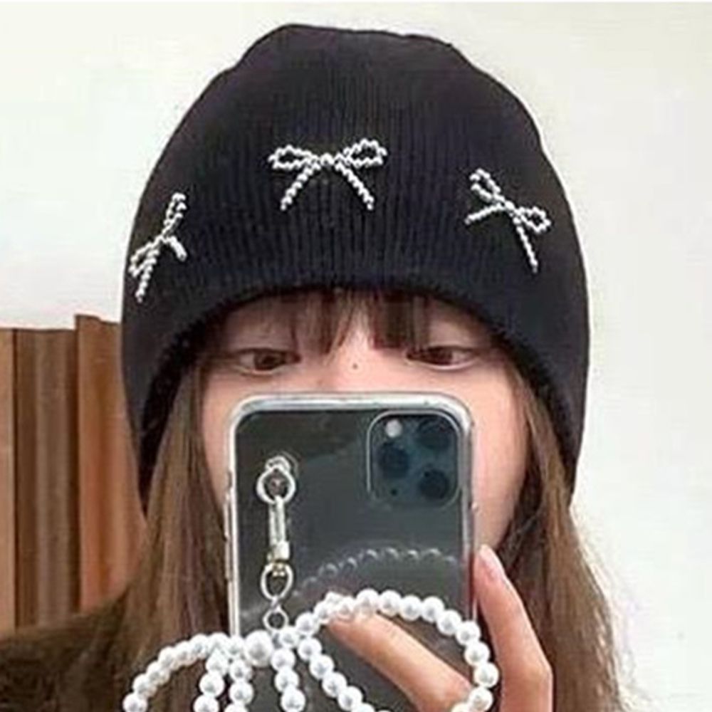 甜美珍珠蝴蝶結針織毛帽-黑 (F)