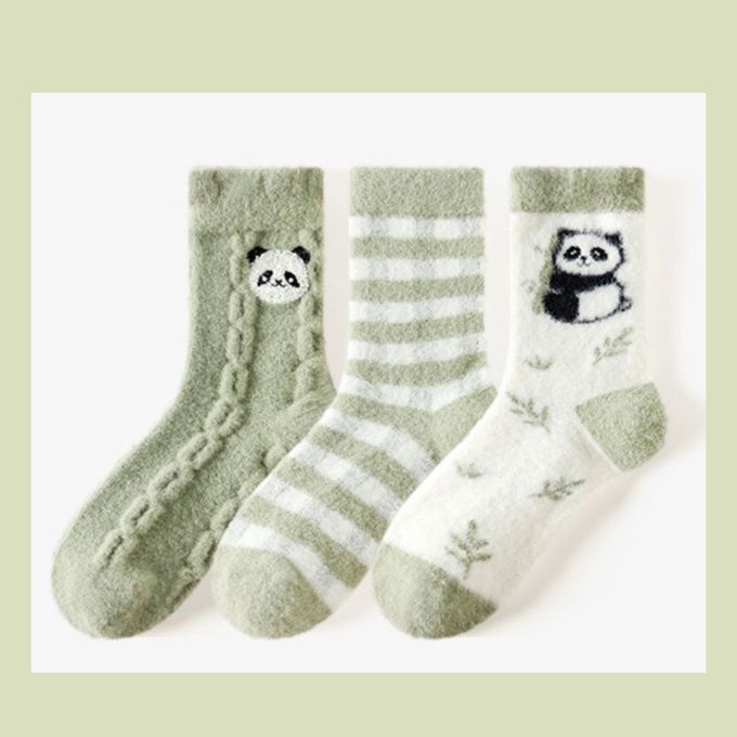 抹茶熊貓竹葉毛毛保暖中筒襪
