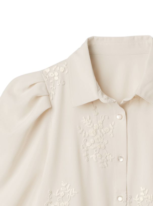 日本 GRL - 花朵刺繡澎澎袖長袖襯衫-米