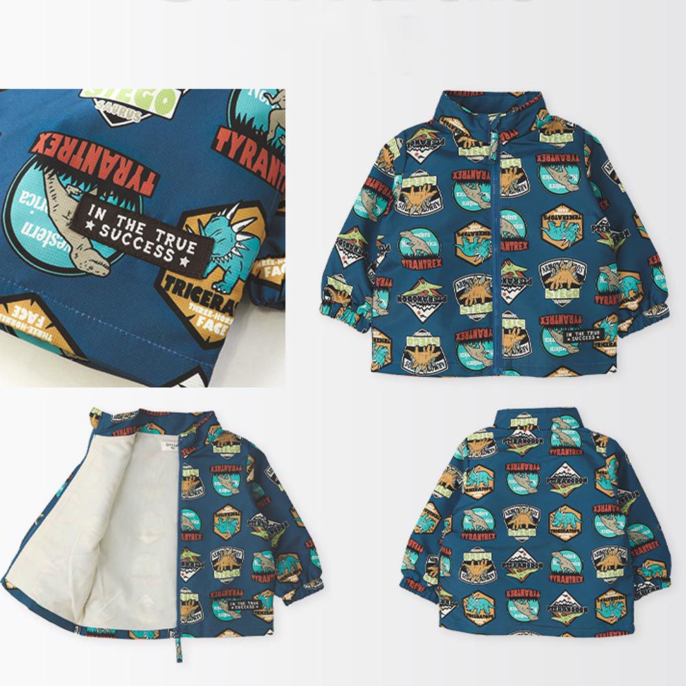 日本 ZOOLAND - 撥水加工 防風刷毛鋪棉外套-恐龍徽章-海軍藍
