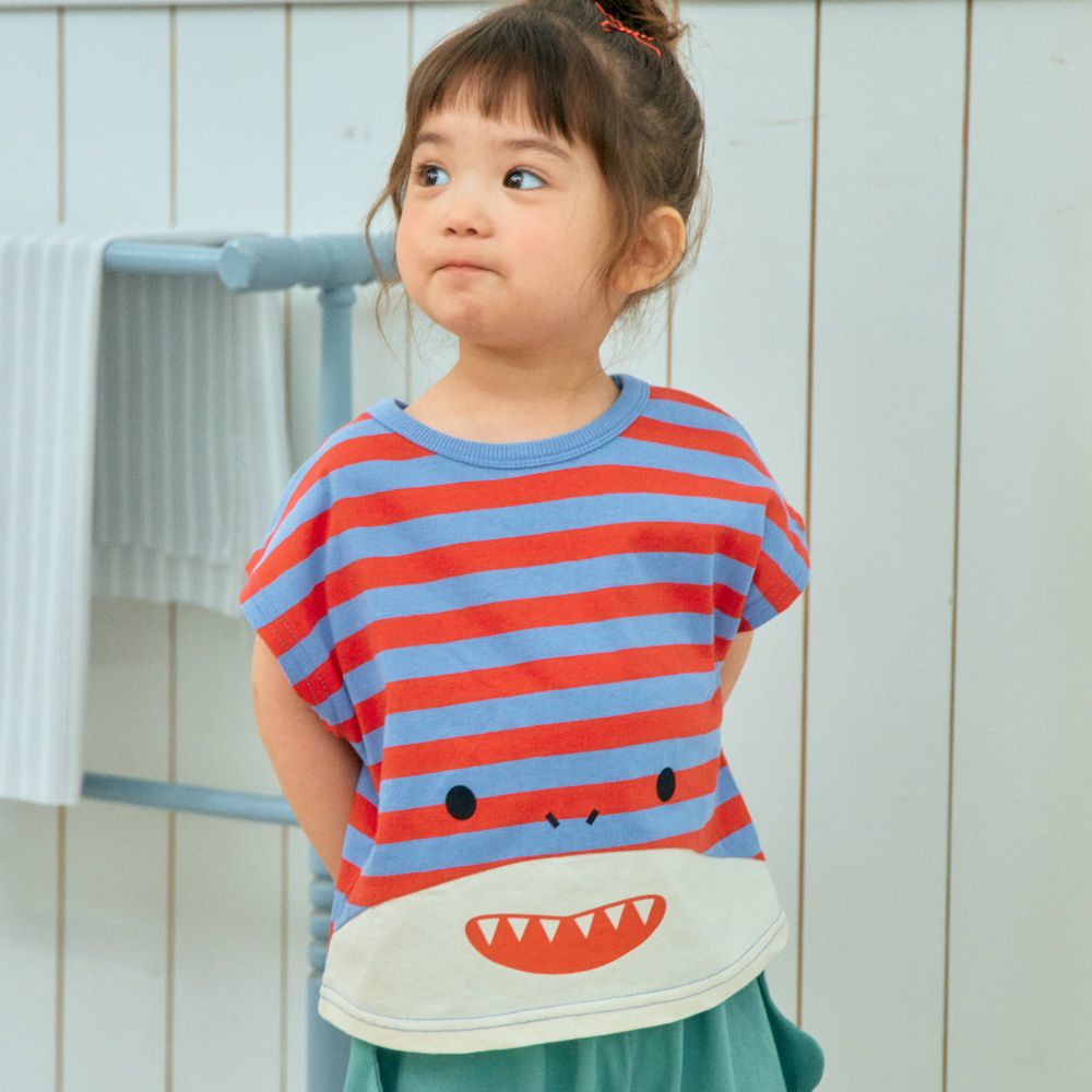 First Blue 呆呆鯊魚撞色條紋落肩袖上衣-紅X藍