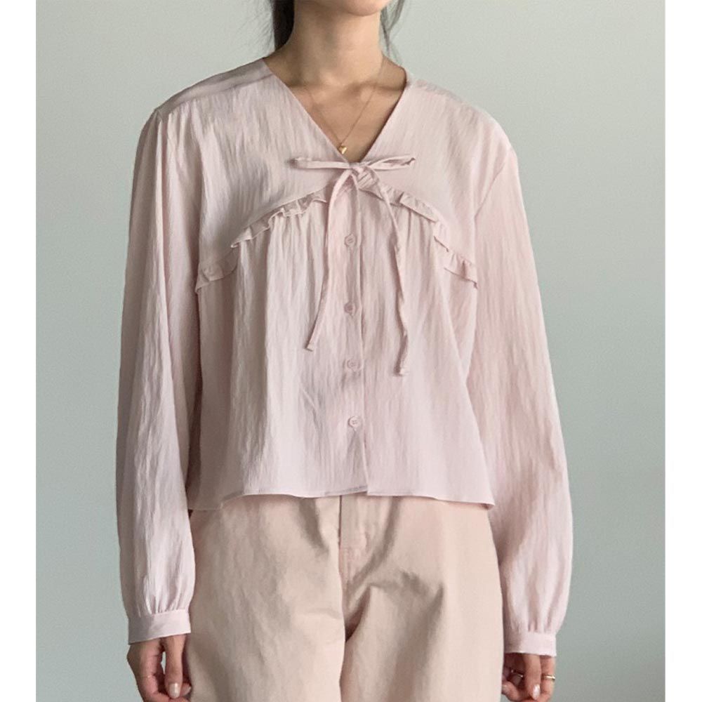 韓國女裝連線 - 胸前波浪邊點綴長袖襯衫-粉 (FREE)