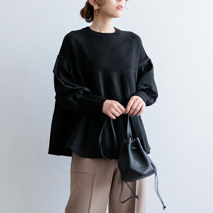 日本 ihuu - A字顯瘦百摺氣球袖針織上衣-黃