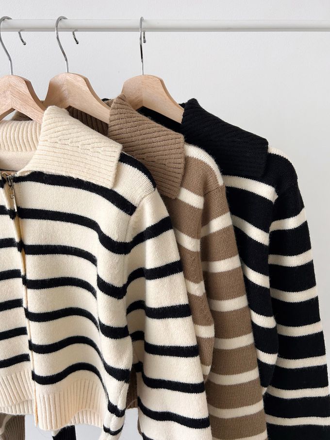 韓國女裝連線 - 溫柔條紋翻領拉鍊針織外套-摩卡咖 (FREE)