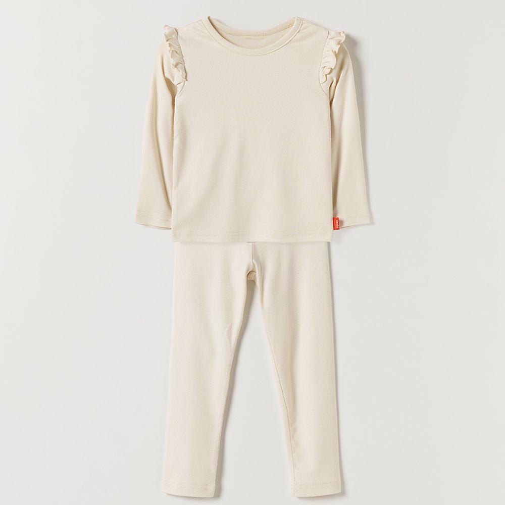 超細絨毛混織彈性長袖家居服-荷葉邊點綴-象牙白