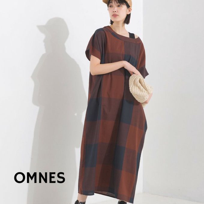 日本 OMNES - 100%印度棉 清爽格紋短袖洋裝-水藍x灰