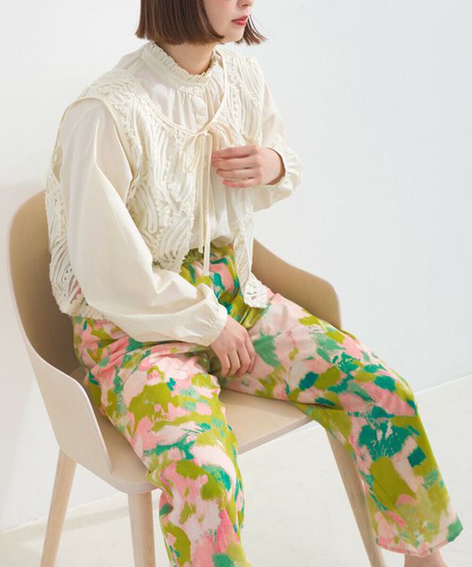 日本 le colis - [人氣款]柔和季節感印花輕盈寬褲-暈染-粉紅x綠