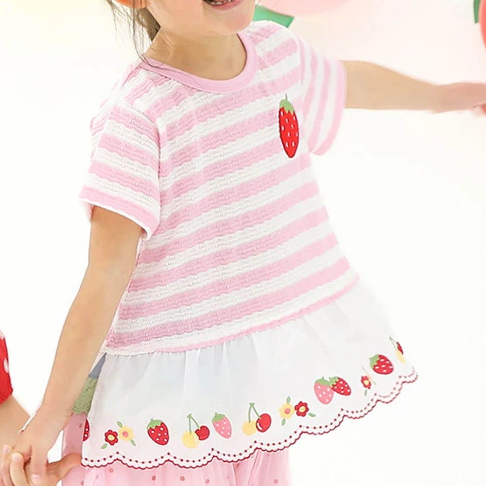 甜蜜草莓緹花條紋可愛刺繡上衣-粉紅