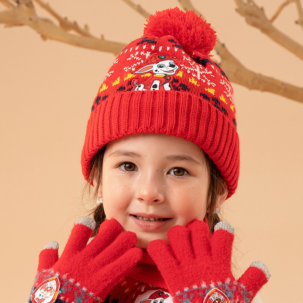 卡通汪汪隊保暖加絨毛球針織帽-卡通人物毛毛-紅色