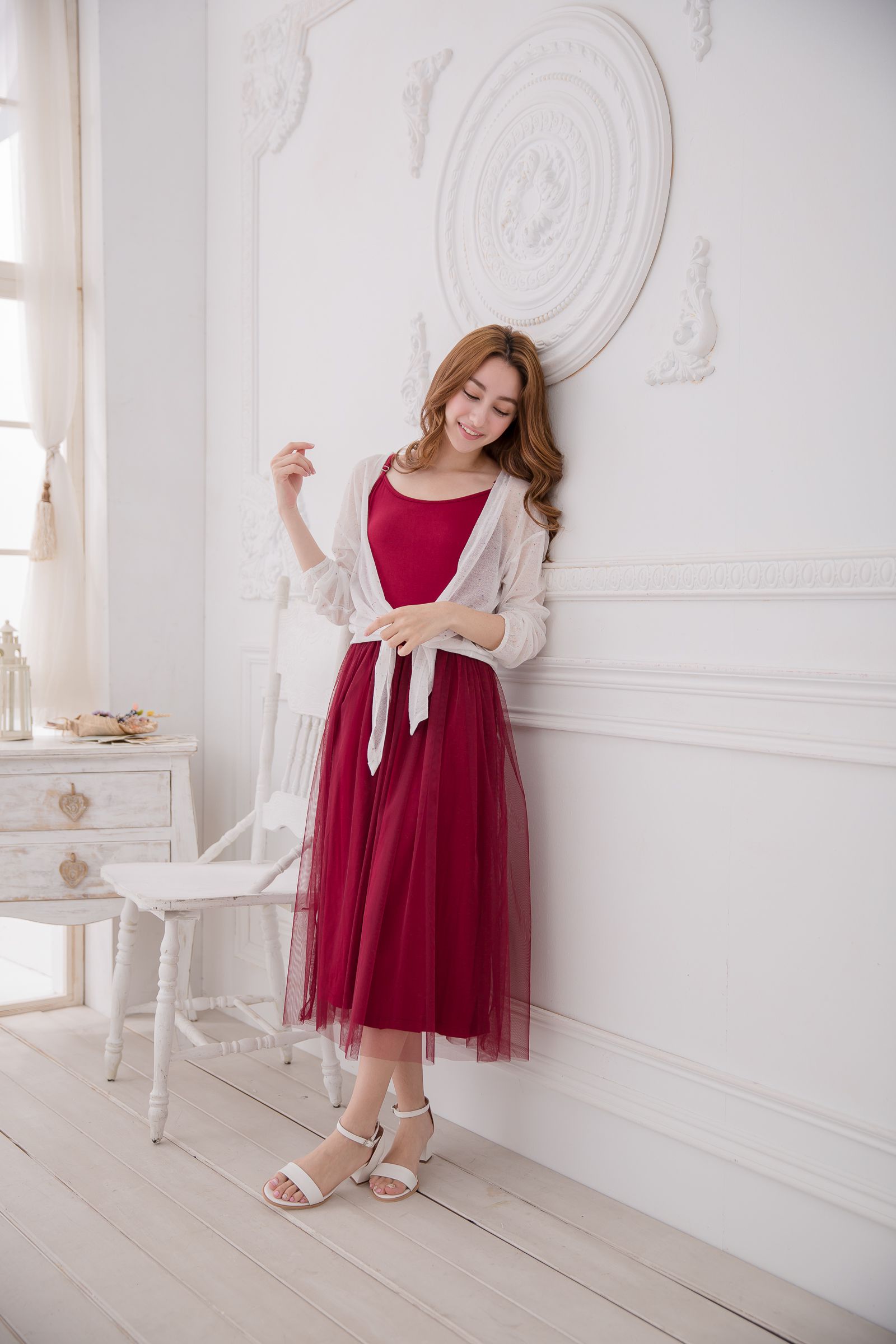 Peachy - 獨家訂製綿柔連身紗裙-細肩帶連身款-性感酒紅 (F)