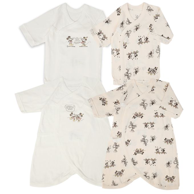 akachan honpo - 新生兒內衣4件組-米奇、米妮-淺卡其色 (50~60cm)