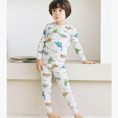 韓國 Maykids - 親膚舒絨棉彈性長袖家居服-彩色塗鴉恐龍-淺灰