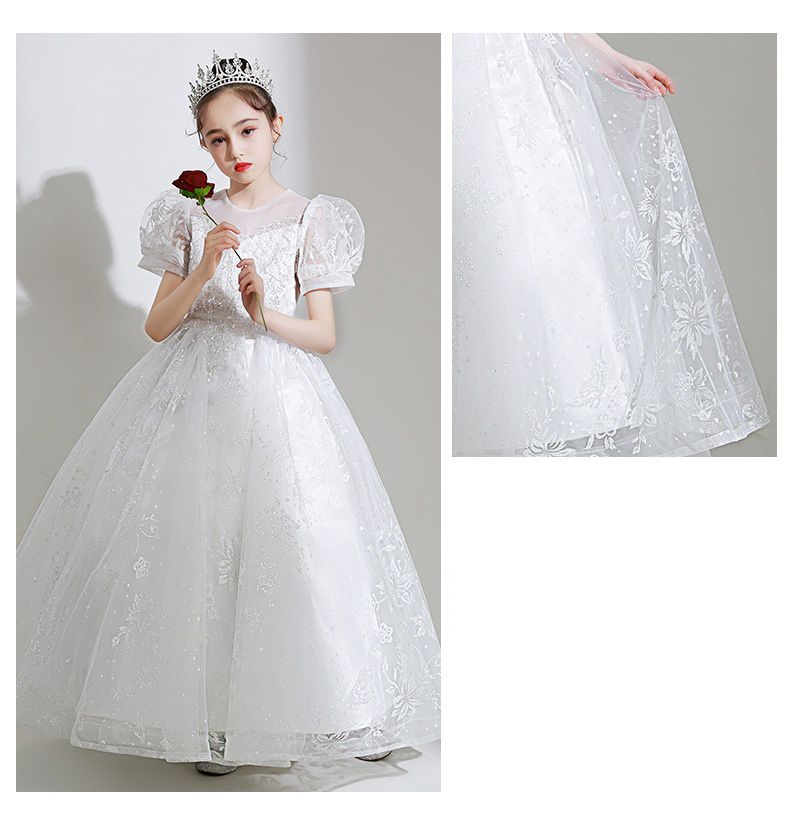 桃心V領公主泡泡五分袖網紗禮服-滿滿亮片-白色