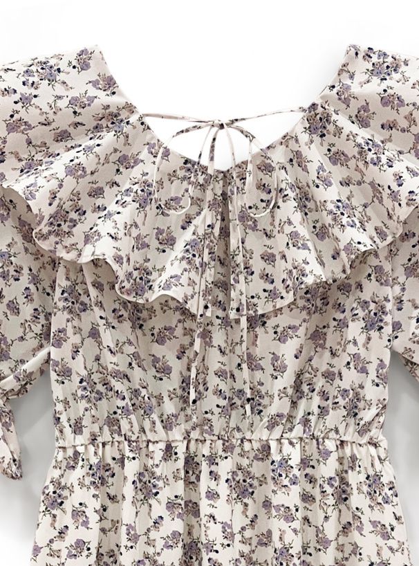 日本 GRL - 浪漫滿屋荷葉袖雪紡碎花洋裝-象牙杏