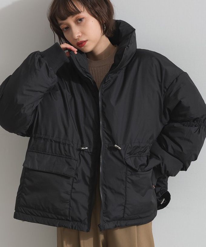 日本 ELENCARE DUE - 蓬鬆袖立領腰抽繩科技羽絨保暖外套-黑