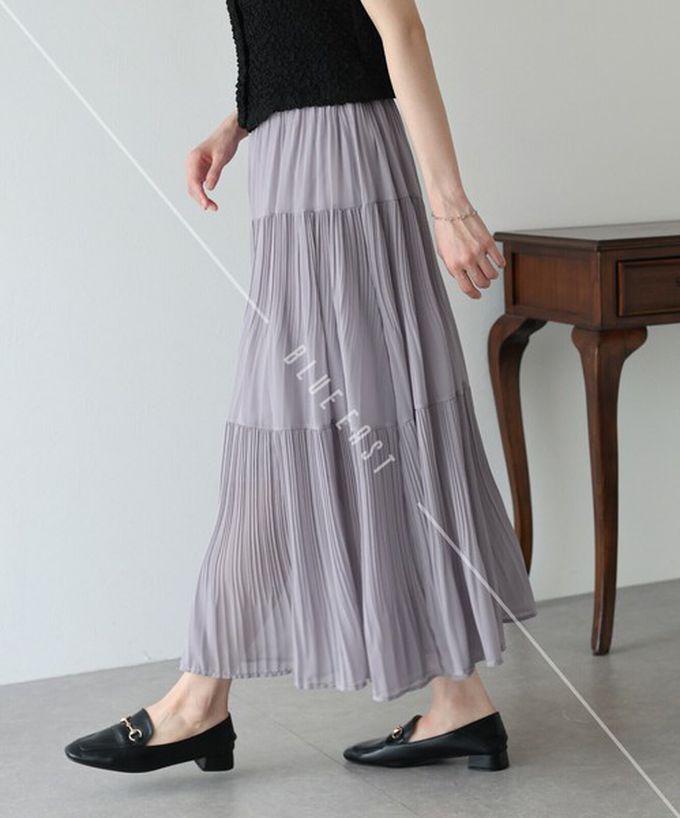 日本 BLUE EAST - 優雅細摺雪紡分層鬆緊長裙-黑 (M)