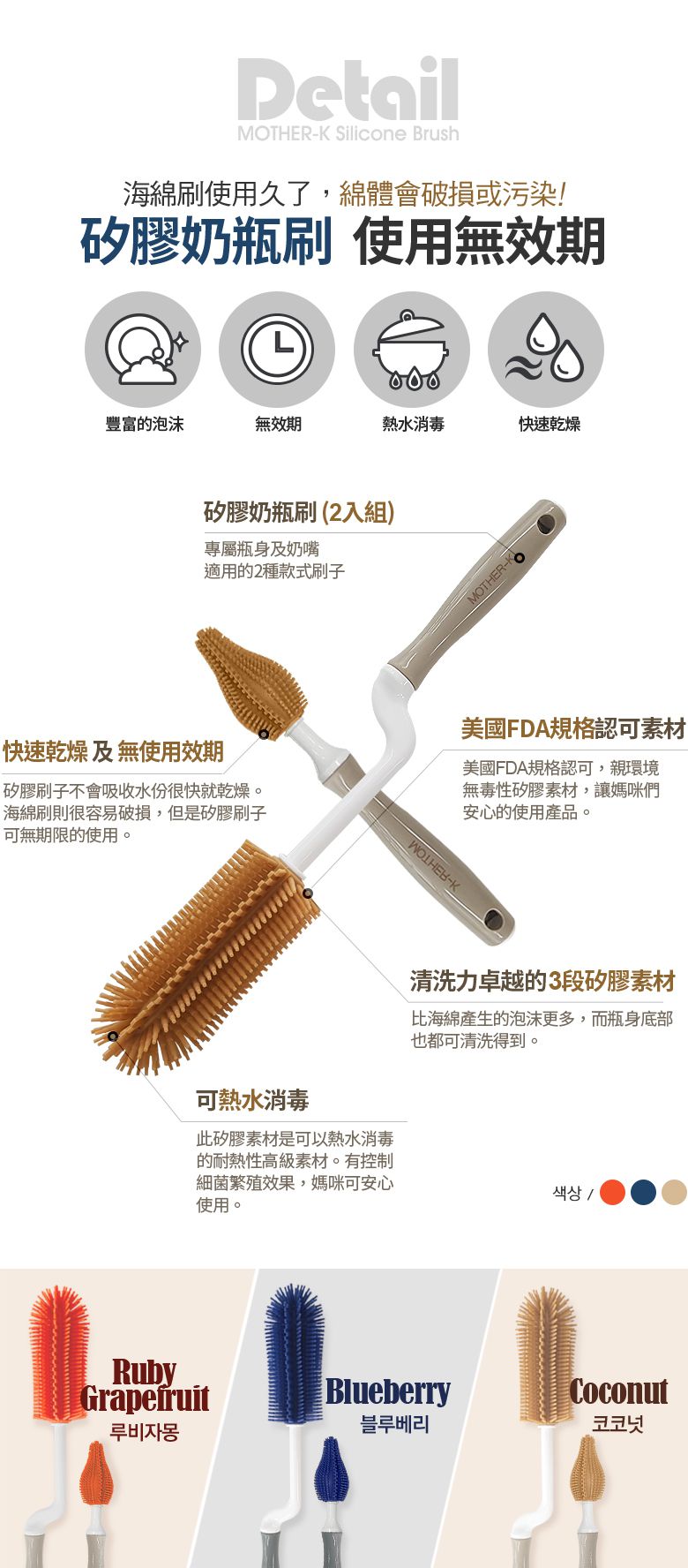 MOTHER-K - 矽膠奶瓶刷 (大＋小）-2入組-藍莓色-一大一小