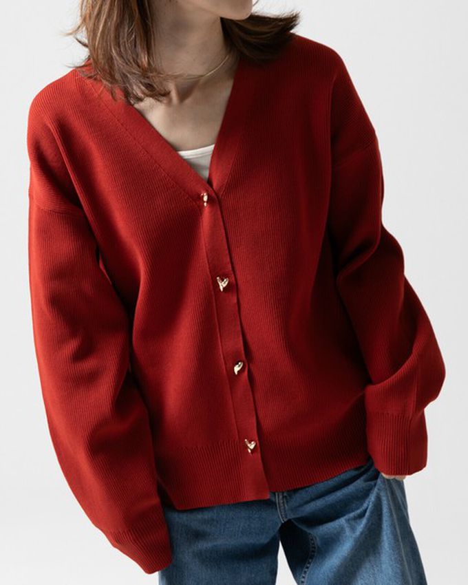 日本 gleam - 愛心金屬扣柔美羅紋開襟衫/外套-灰褐