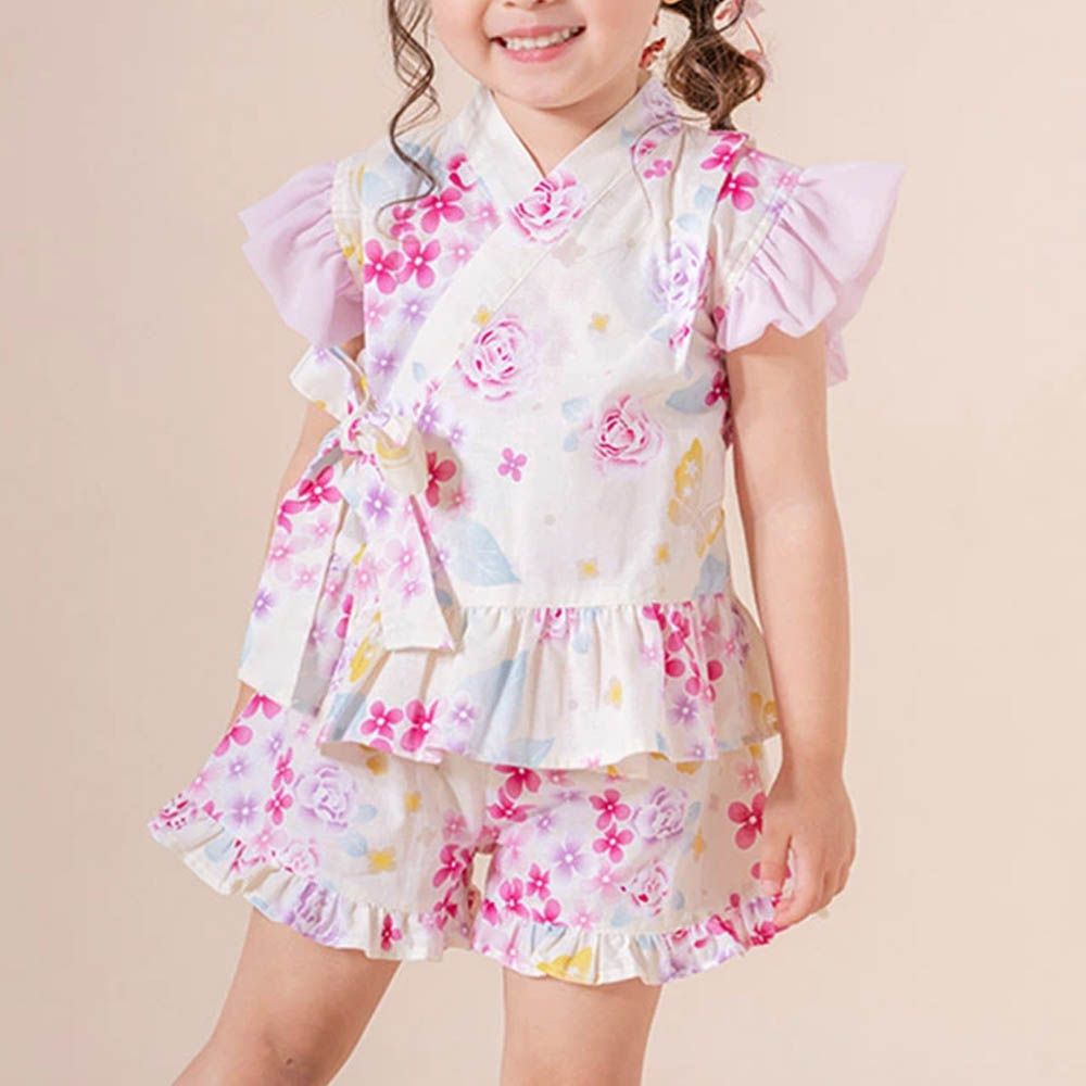 甜美澎澎荷葉純棉二件式甚平-紫陽花與蝶-粉黃