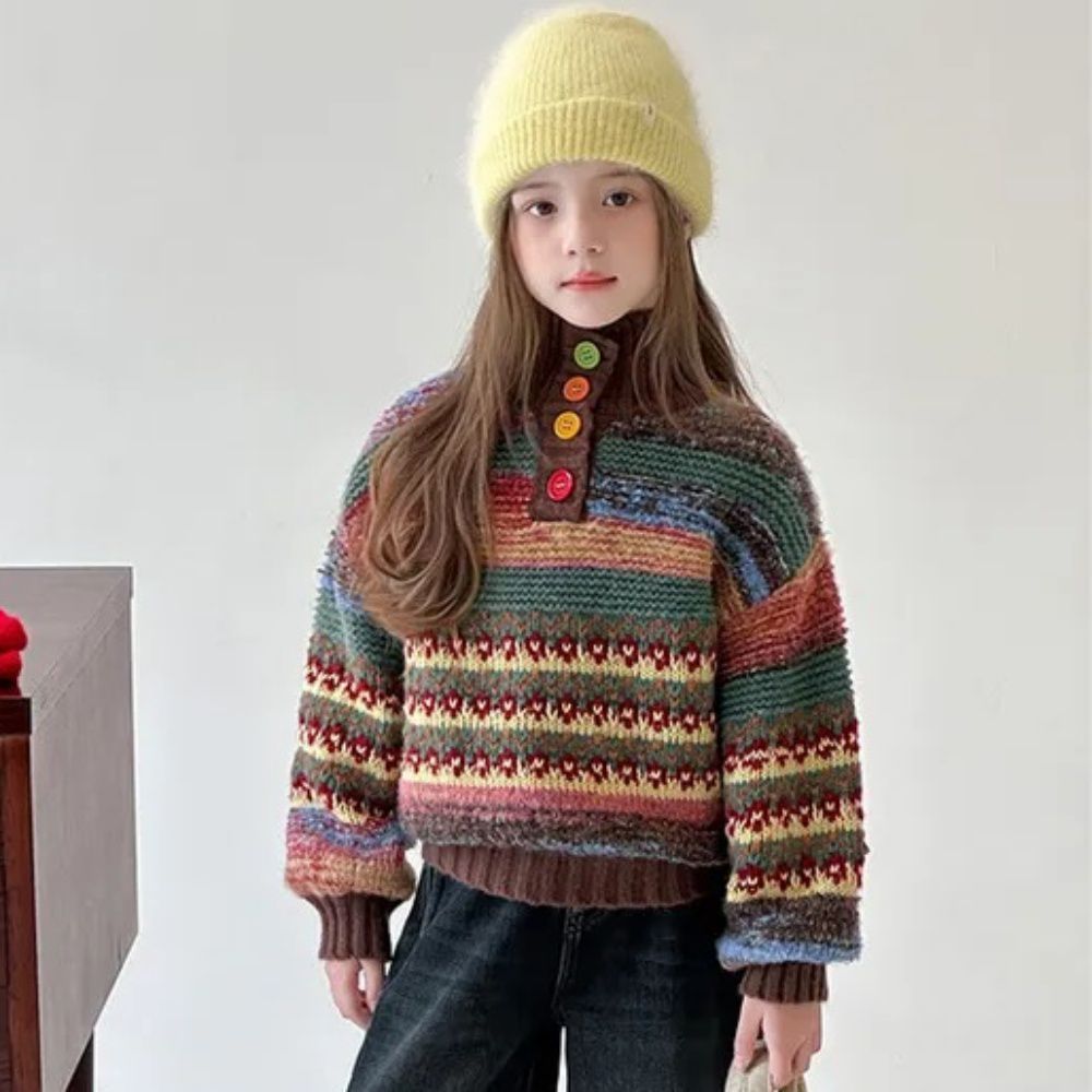 落日織紋鈕扣開襟高領毛衣-彩色條紋