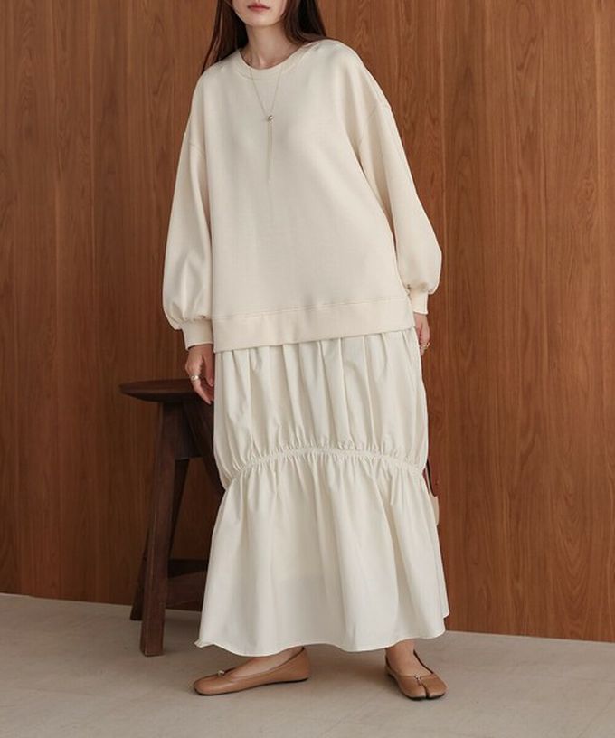 日本 Bab - 柔美造型皺摺拼接長袖洋裝-淺杏