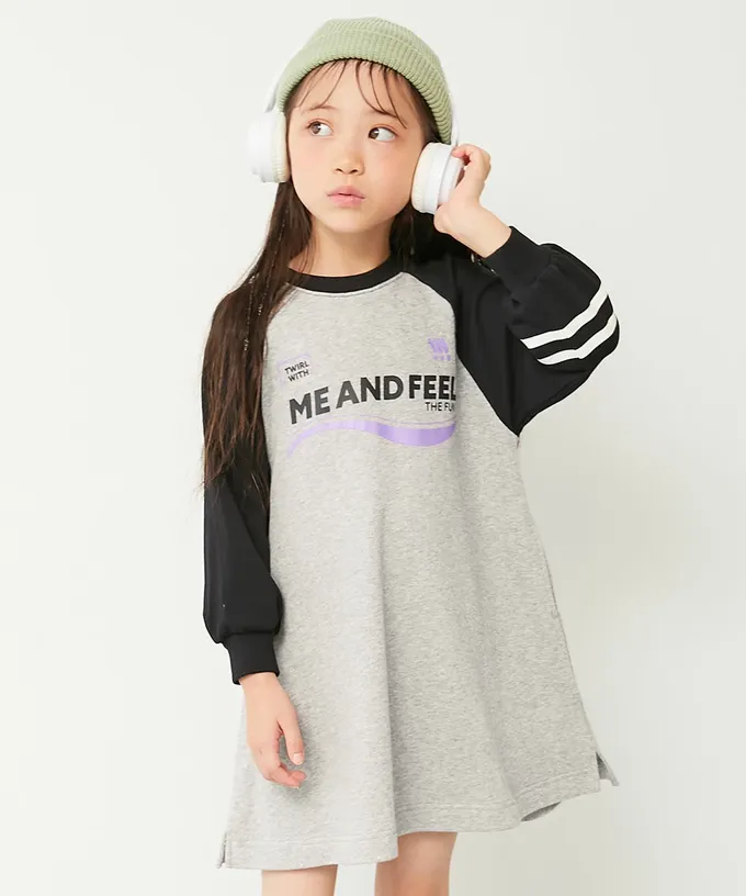 日本 devirock - 100%棉 撞色印花長袖洋裝-灰X黑