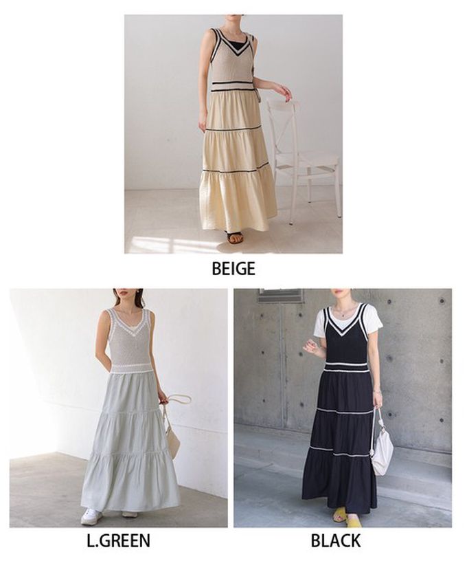 日本 Bab - 純棉針織拼接渡假風無袖洋裝-淺灰綠