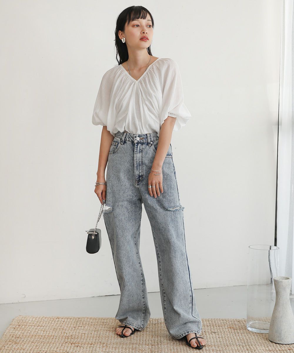 日本 Bab - 嫘縈後綁帶氣球袖上衣-咖啡