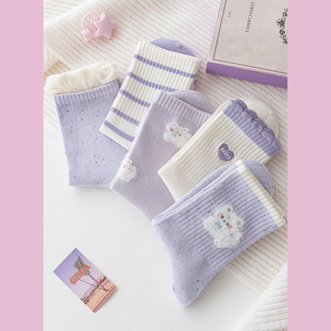 Nice紫色毛毛貓咪中筒棉襪