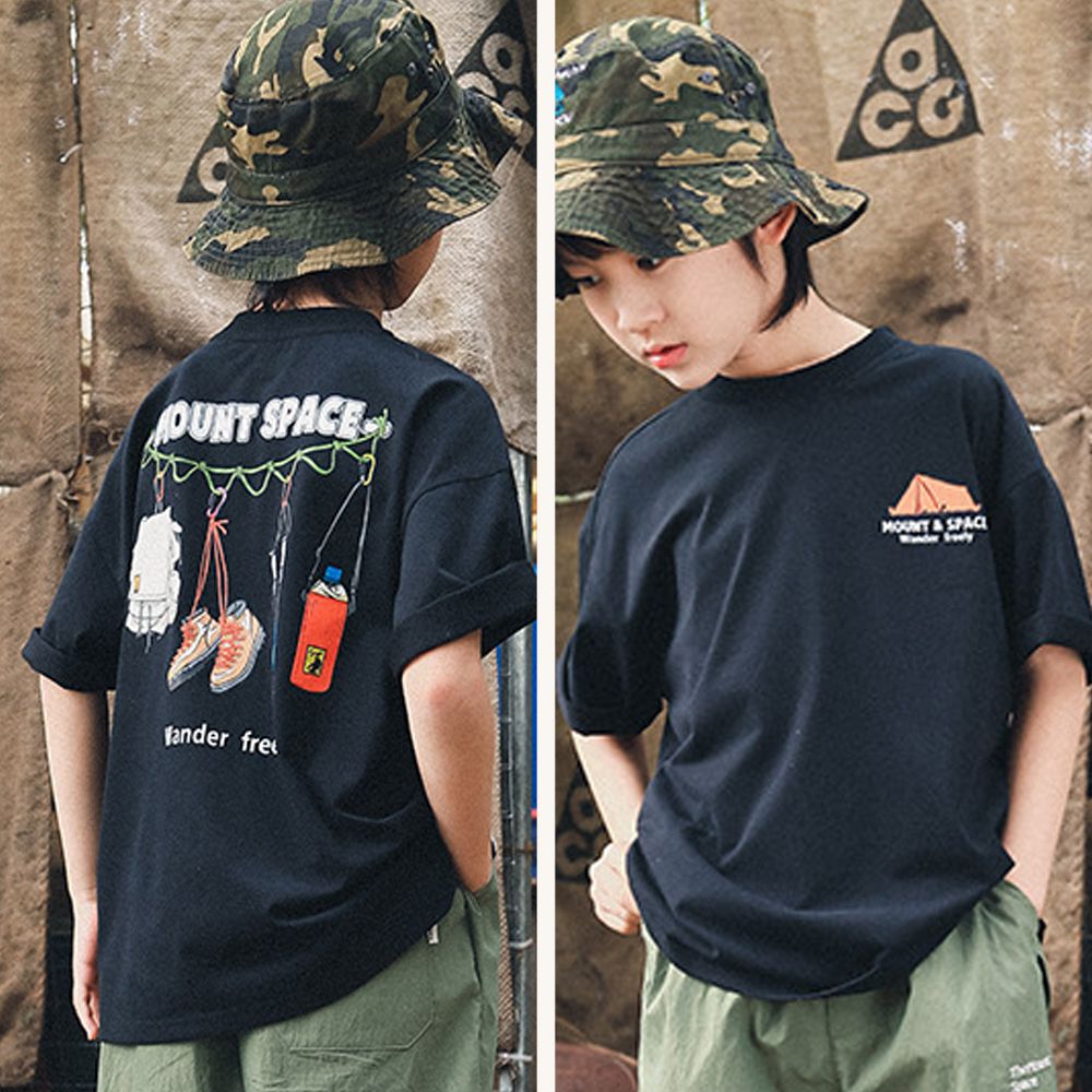 棉質圓領短袖上衣-山野漫遊者-黑色