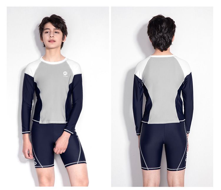 大童男孩長袖泳衣套裝(二件組)-拼色款-藍+灰+白-泳衣、短泳褲