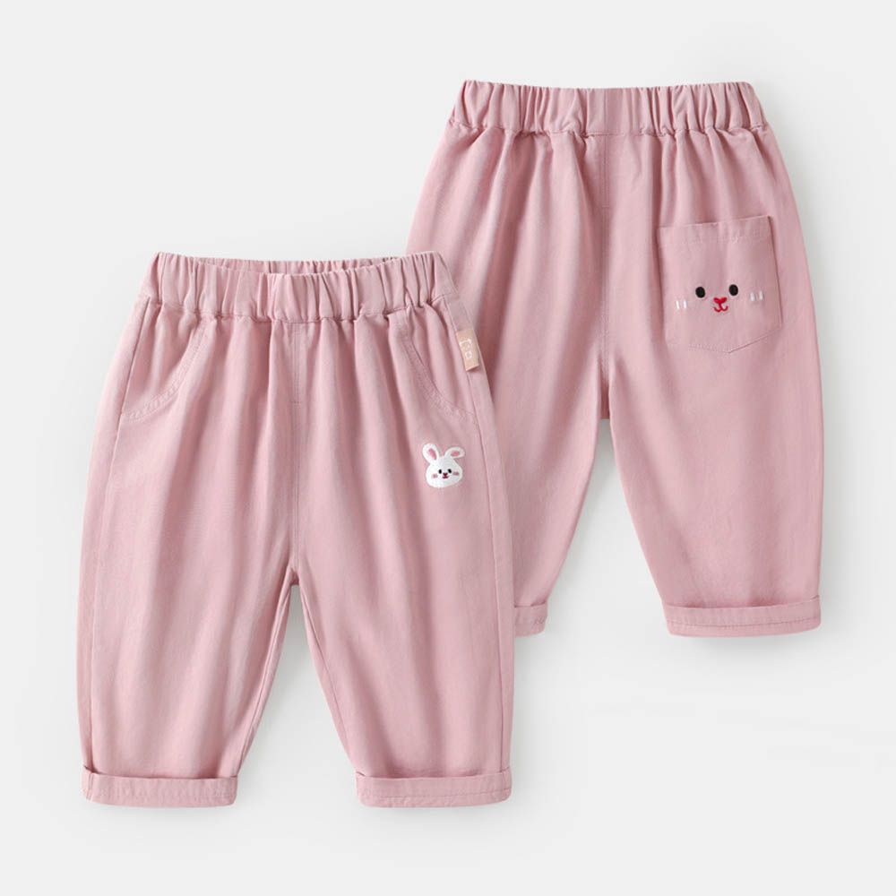 純棉腰鬆緊休閒長褲-後童趣繡花口袋-粉色