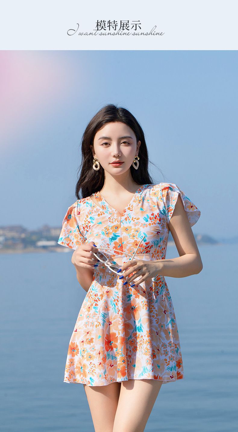 甜美碎花修身顯瘦遮肉連身裙泳衣-滿版花花-深藍+橘