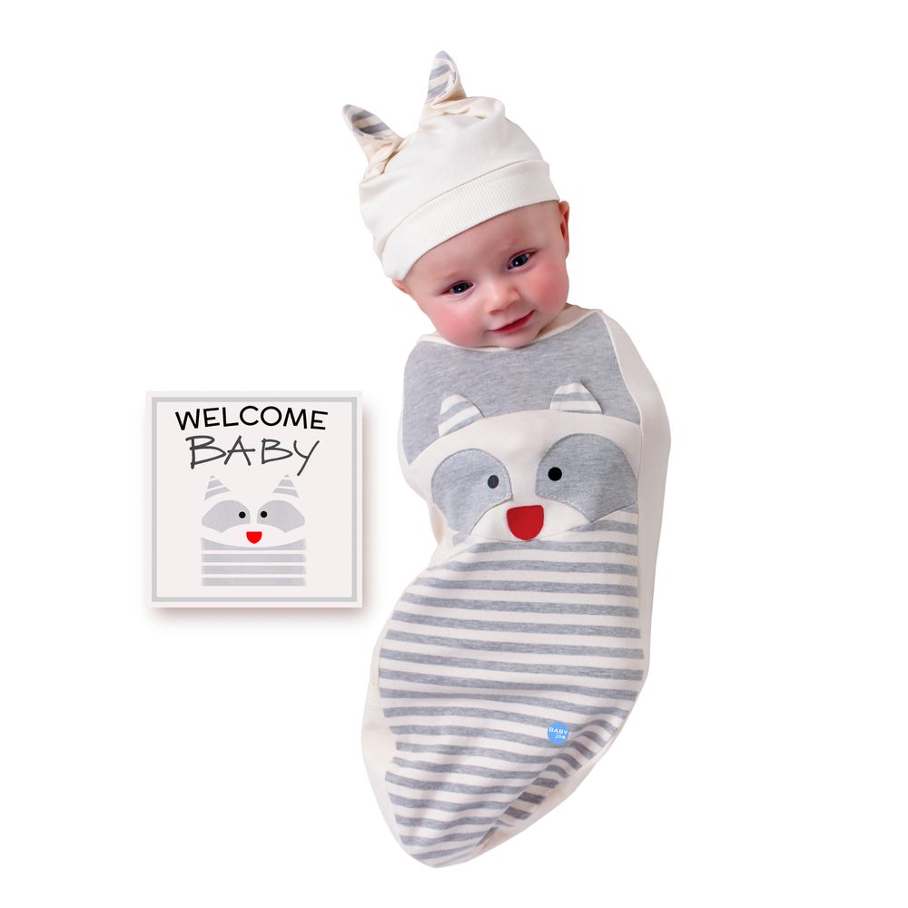 BABYjoe - 美國製純棉手工新生彌月包巾套組-豆豆眼浣熊寶寶-灰色、白色 (適合0-4個月或7公斤以下新生寶寶)-150g