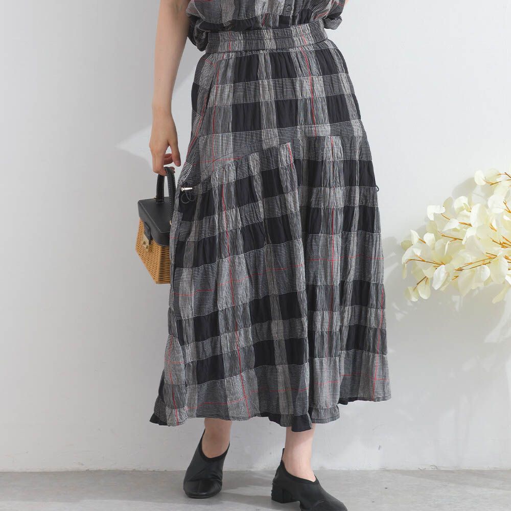 印度棉 皺皺文青格紋側抽繩長裙-黑灰