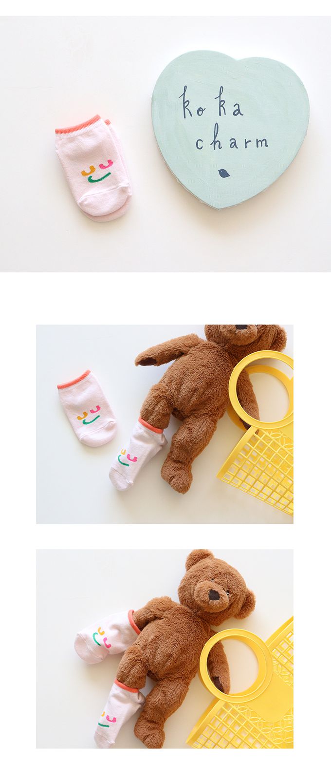 韓國 Kokacharm - 兒童短襪/襪子三入組-笑臉-藍綠X粉橘