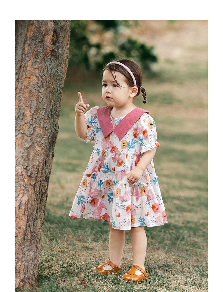 純棉公主袖連身洋裝-繽紛花花-粉+白