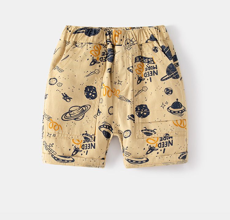 WELLKIDS - 腰鬆緊休閒五分褲-太空星球-卡其黃