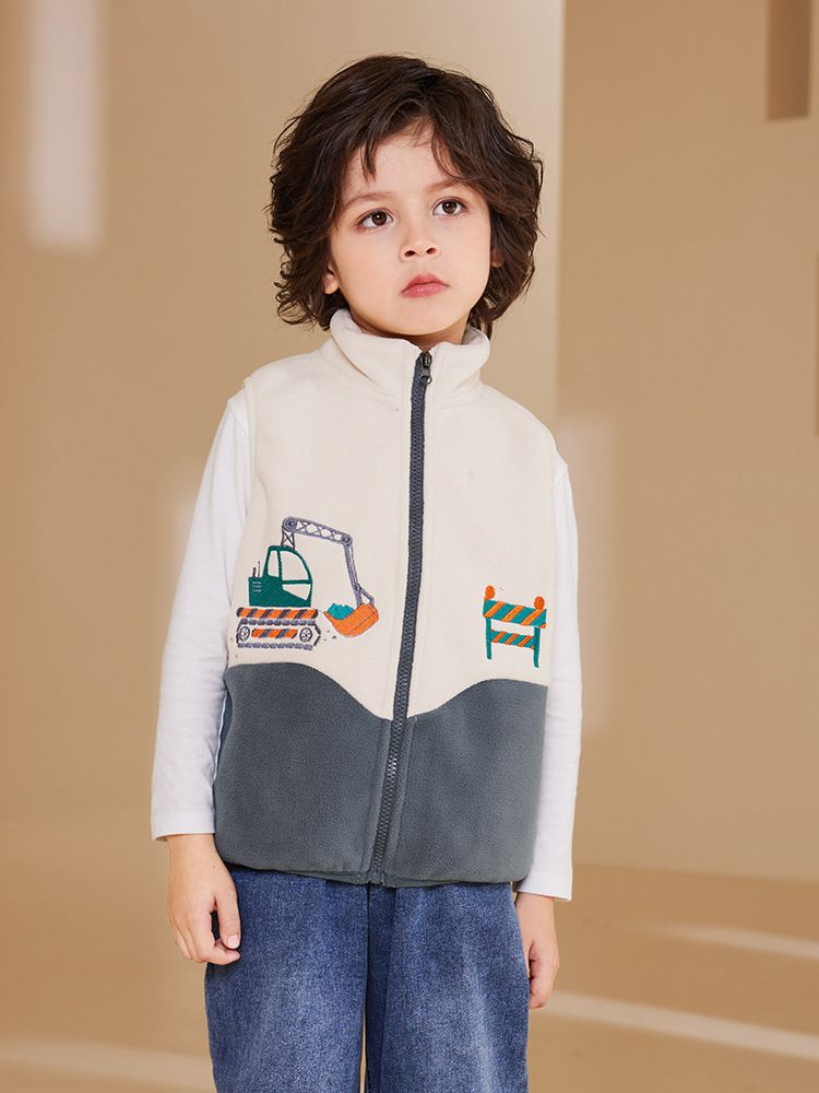搖粒絨保暖兒童背心-工程車-杏+深灰