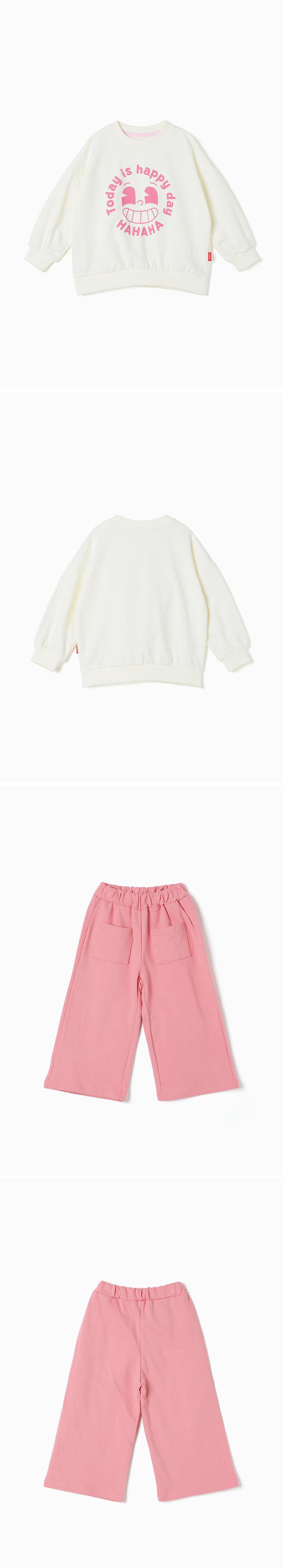 韓國 OZKIZ - HAHA笑臉休閒長袖寬褲套裝-米X粉