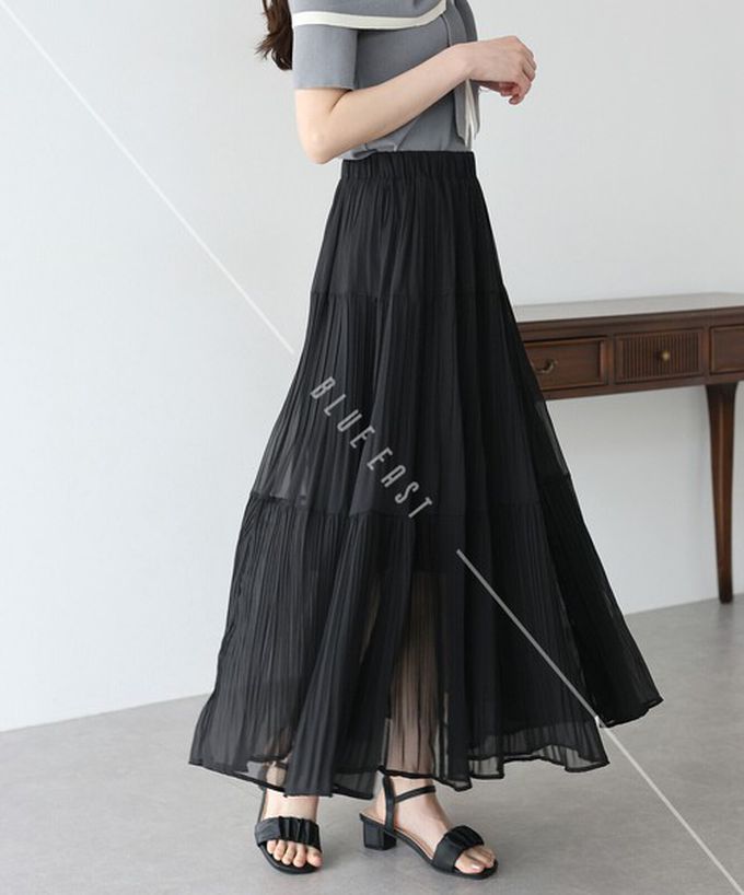 日本 BLUE EAST - 優雅細摺雪紡分層鬆緊長裙-米白 (M)