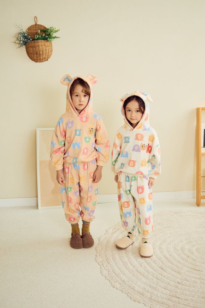 韓國 Mimico - 鬆緊腰多彩熊熊休閒縮口褲-橘膚