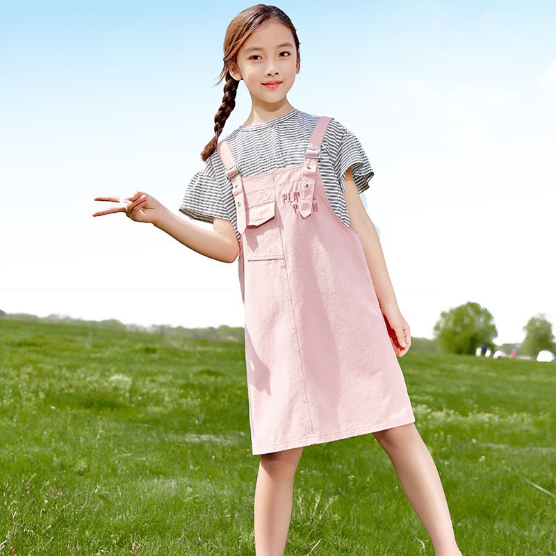 吊帶裙短袖套裝-條紋上衣+小口袋吊帶裙-黑+白+粉