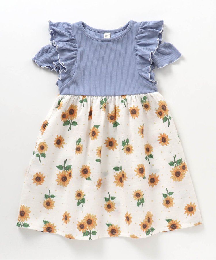 日本 apres les cours - 蓬鬆荷葉邊小露肩洋裝-向日葵-水藍x白