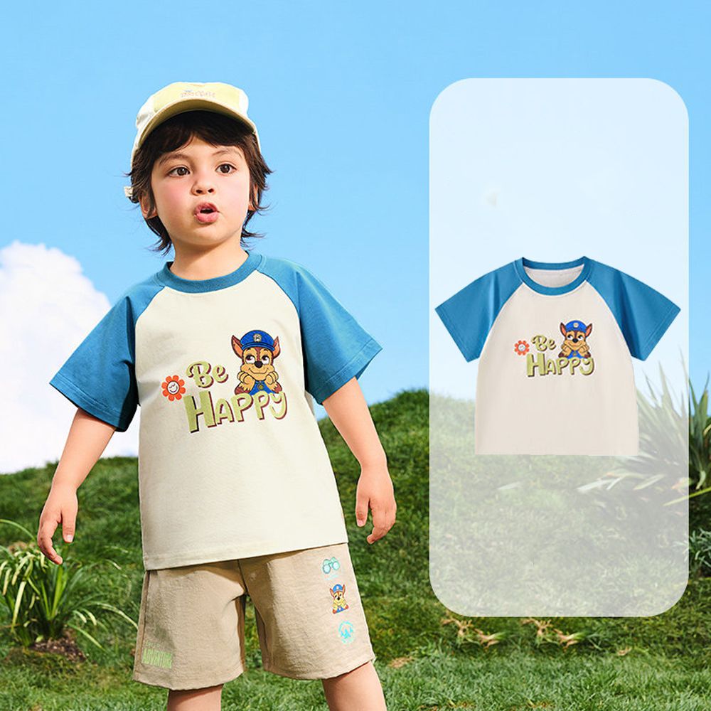 卡通汪汪隊拼袖撞色短袖上衣-白色