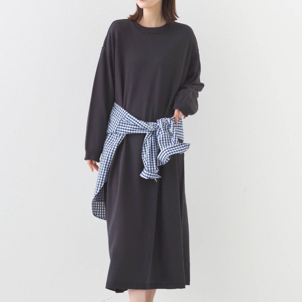 落肩優雅柔滑嫘縈素色長袖洋裝-深灰