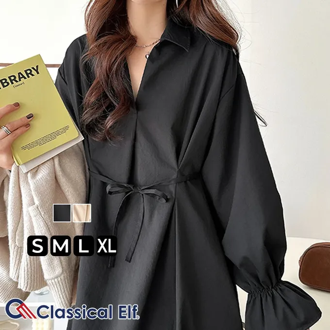 日本 Classical Elf - 糖果袖束腰修身立領長袖洋裝-黑