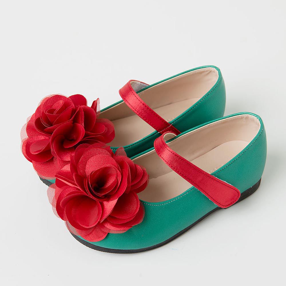 韓國 OZKIZ - 迷人立體紅花裝飾皮鞋-綠