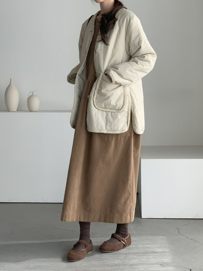 韓國女裝連線 - 極簡大口袋燈芯絨連身洋裝-焦糖棕 (FREE)